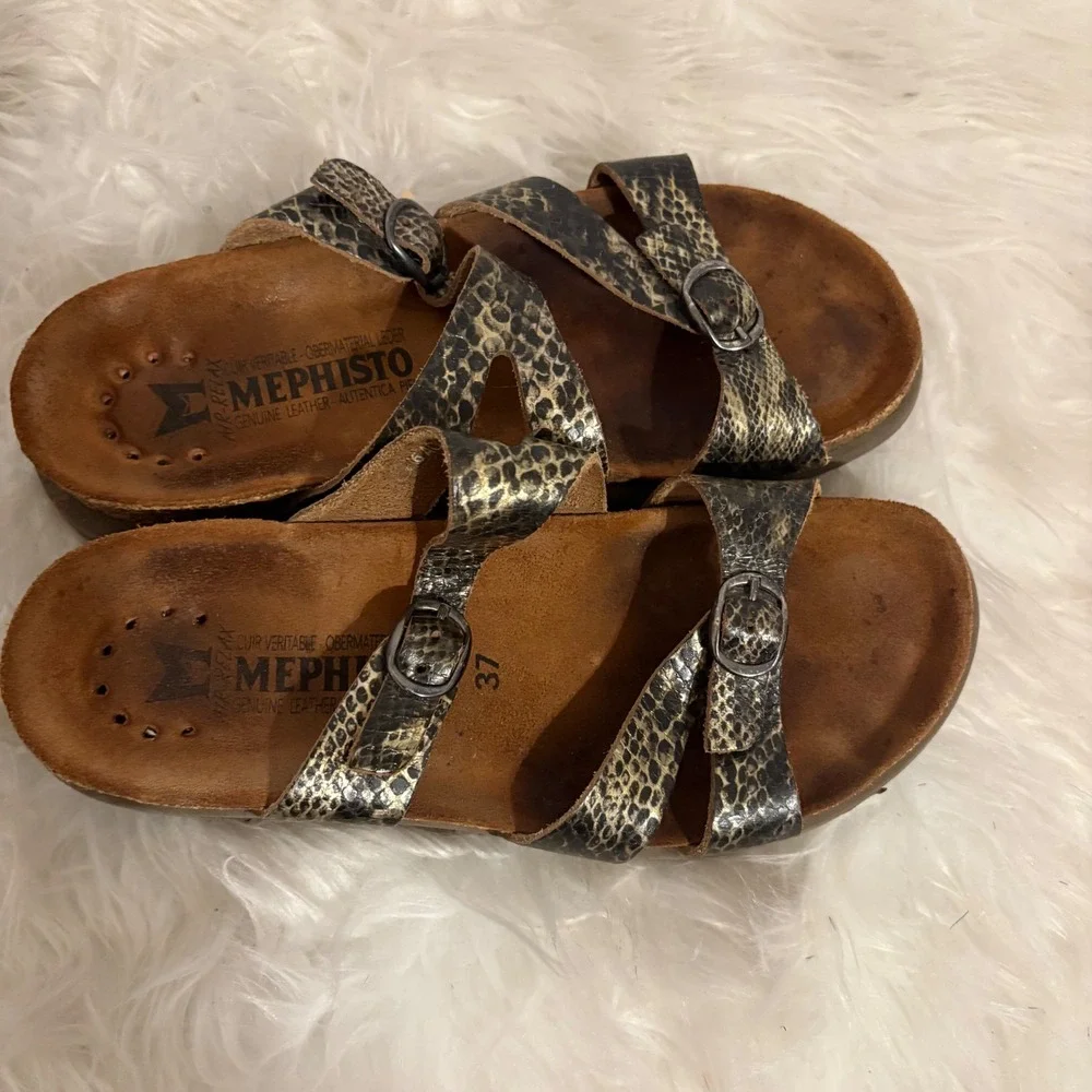 Mephisto Womens Helen Snakeskin Print Leather Buckle Slide Sandals Size 37 US 7